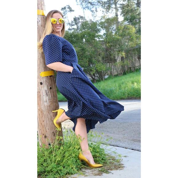 Vintage Navy Dress with Yellow Polka Dots, Full Skirt and Pockets Medium - Picture 6 of 10